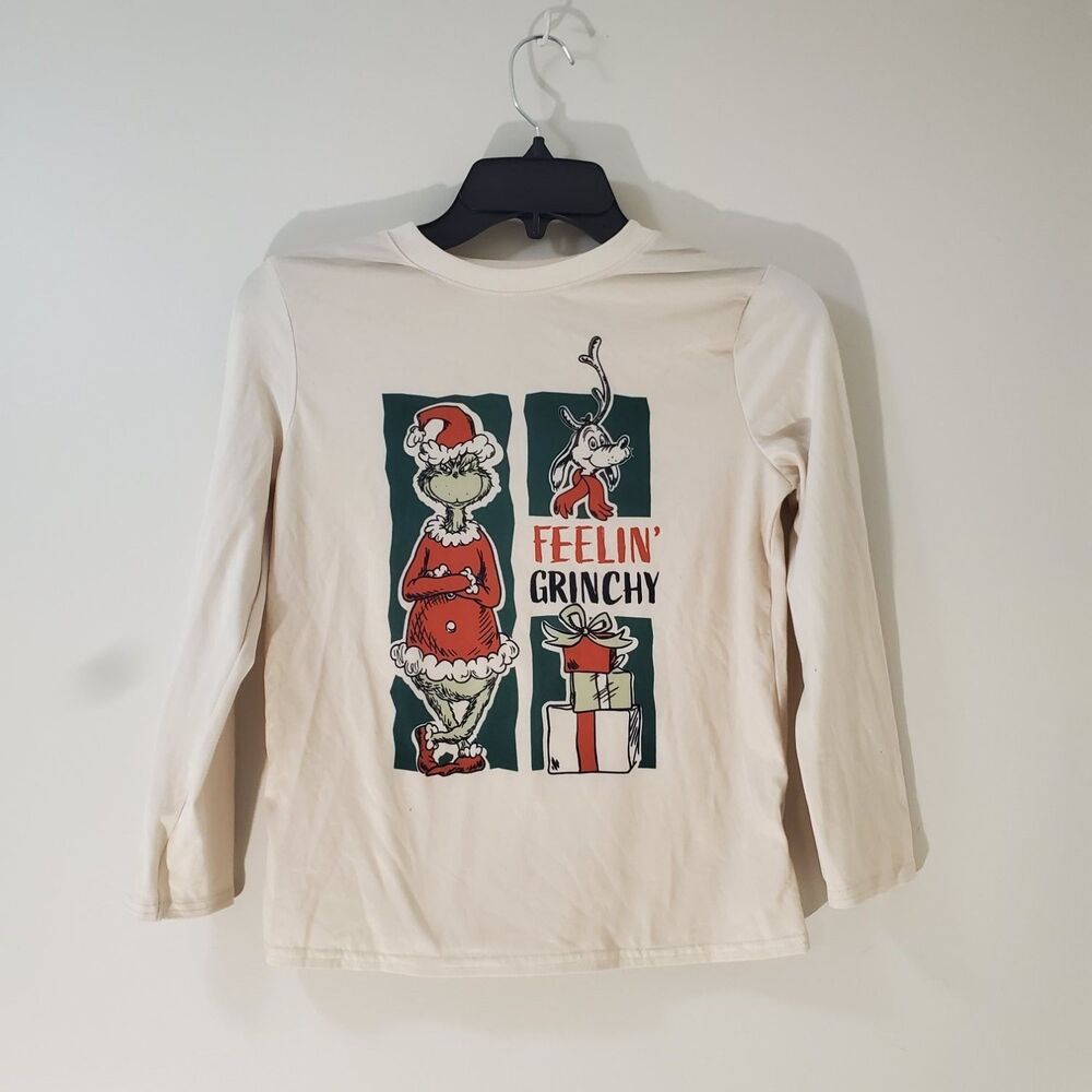 Dr. Seuss Feelin' Grinchy Christmas Long Sleeve Pajama Shirt Kids Size 8 Ivory